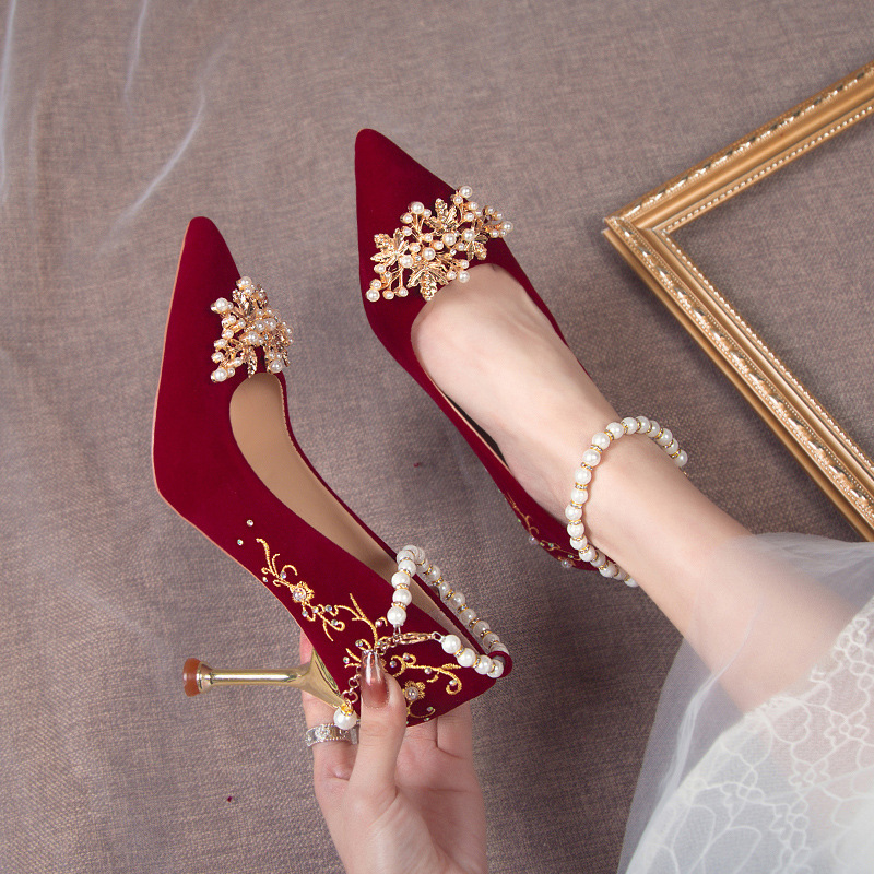 Red Engagement Shoes Bridal Shoes Xiuhe Wedding Dress Two-way 2024 New Chinese Style Pregnant Women Toasting Dress High Heels Stiletto Heels