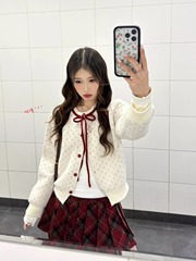 miu韩系甜美穿搭波点针织开衫毛衣女2025秋新款软糯小个子上衣