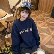 圆领藏青色卫衣女2026新款秋冬美式复古港风chic宽松休闲无帽上衣