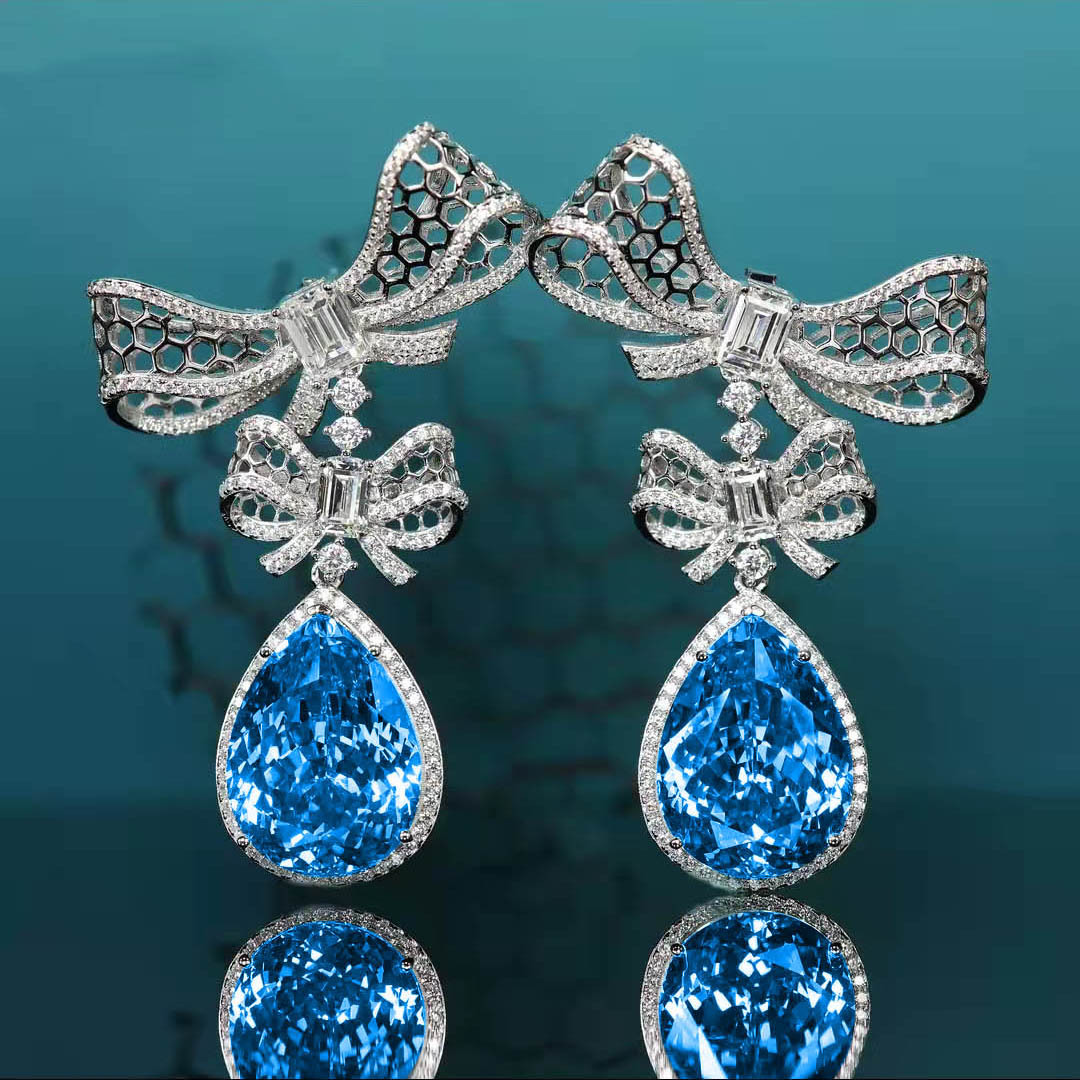 Light Luxury Full Diamond Topaz Blue Suit Bow Necklace Earrings Ring Female display picture 2