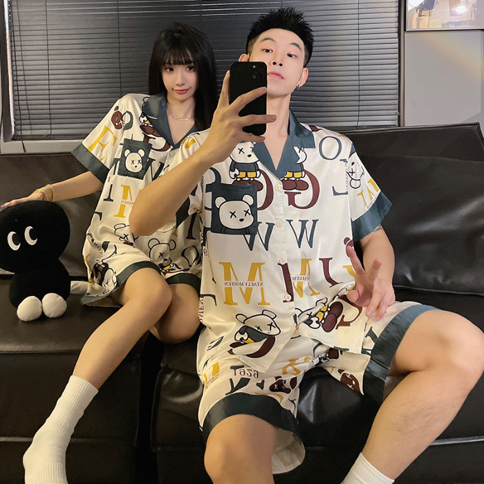 2025 nuevo pijama de pareja de verano de seda de hielo de manga corta para estudiantes lindos ropa de casa de hombre de seda