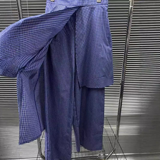 Internet Celebrous Same 2024 Summer New Niche Design Fake Two-Piece Blue Plaid Irregular Slim Hip Covering Long Culottes