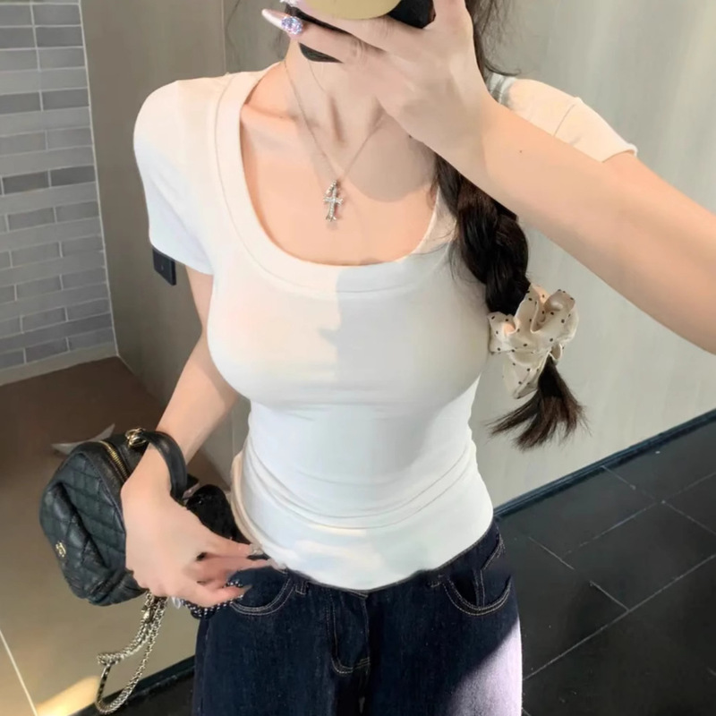 Tight T-shirt Shoulder Large U Neck high quality Base Shirt Spring and Summer Low Neck Short Short Sleeve Slimming All-match Top for Women
