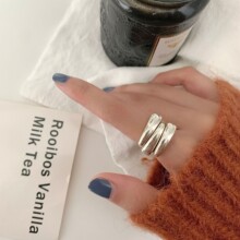 韩版S925镀银个性三层戒指女复古时尚气质嘻哈指环叠戴创意食指戒
