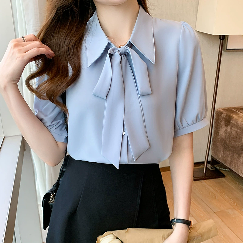 2024 Летний дым синий шифоновая рубашка с короткими рукавами