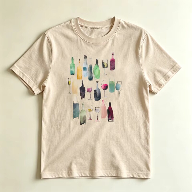 Watercolor Wine Bottle Glass T-Shirt Female Aesthetic Wine Lover Graphic T-Shirt Soft Cotton Short Sleeve Casual Clothing