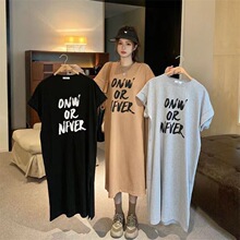 2025夏季新款韩系宽松简约大码女装侧开叉长款过膝t恤连衣裙女