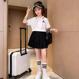 网红女童韩版时尚裙套装中大童夏季新款洋气翻领短袖百褶裙两件套