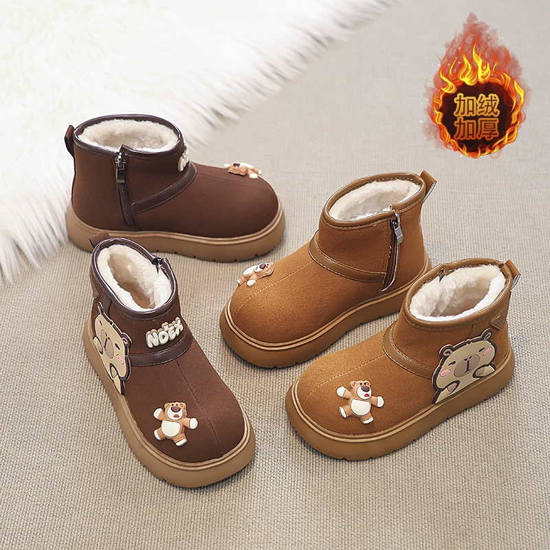 Бархатные и утолщенные детские зимние хлопковые сапоги из хлопка для мальчиков и девочек 2025 года, хлопковые сапоги с куклой Капибары, зимние сапоги с медвежонком