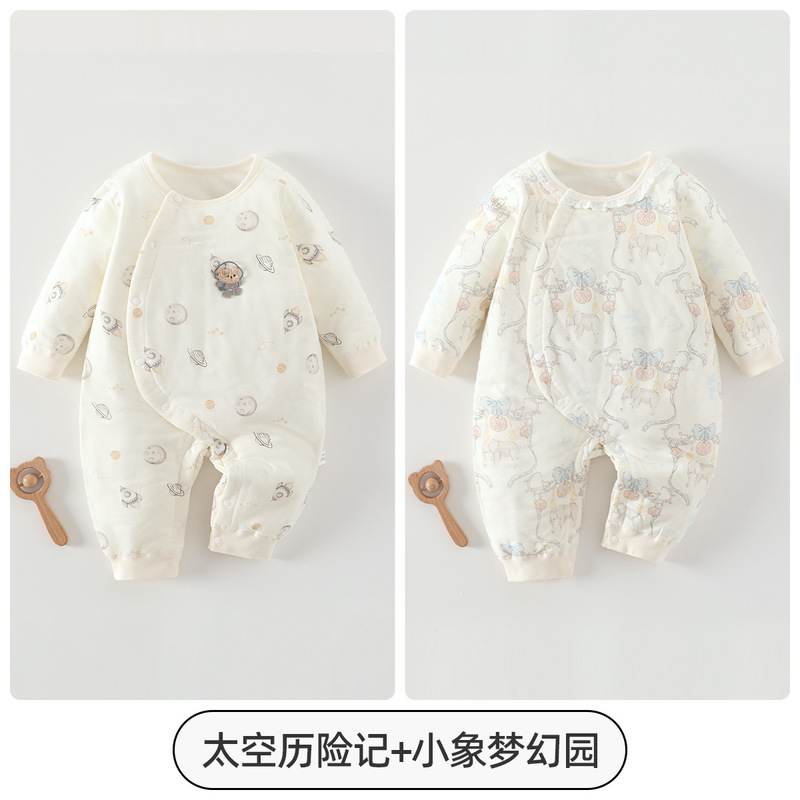 婧麒新生婴幼儿夹棉连体衣秋冬季小月龄宝宝衣服保暖冬外出哈衣服|undefined