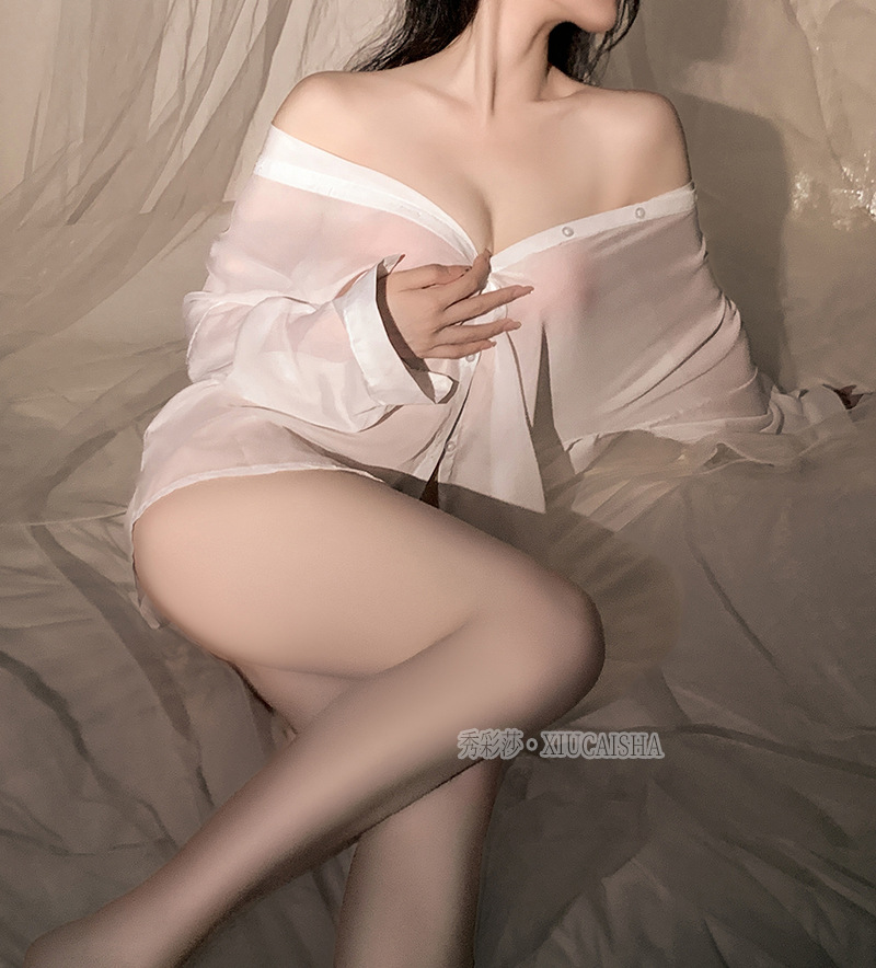 Sheer Chiffon Ruched Backless Sleepwear Shirt, Cute Roleplay Uniform Style, Black One Size — detail image 14