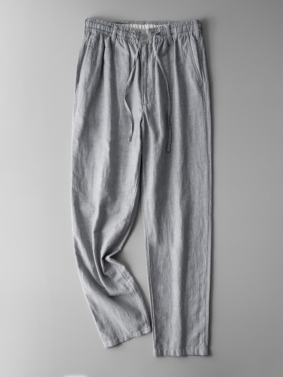 Pantalones de lino de cintura elástica pantalones sueltos de algodón y lino de los hombres pantalones casuales de los hombres de verano de lino recto de los hombres pantalones largos de lino