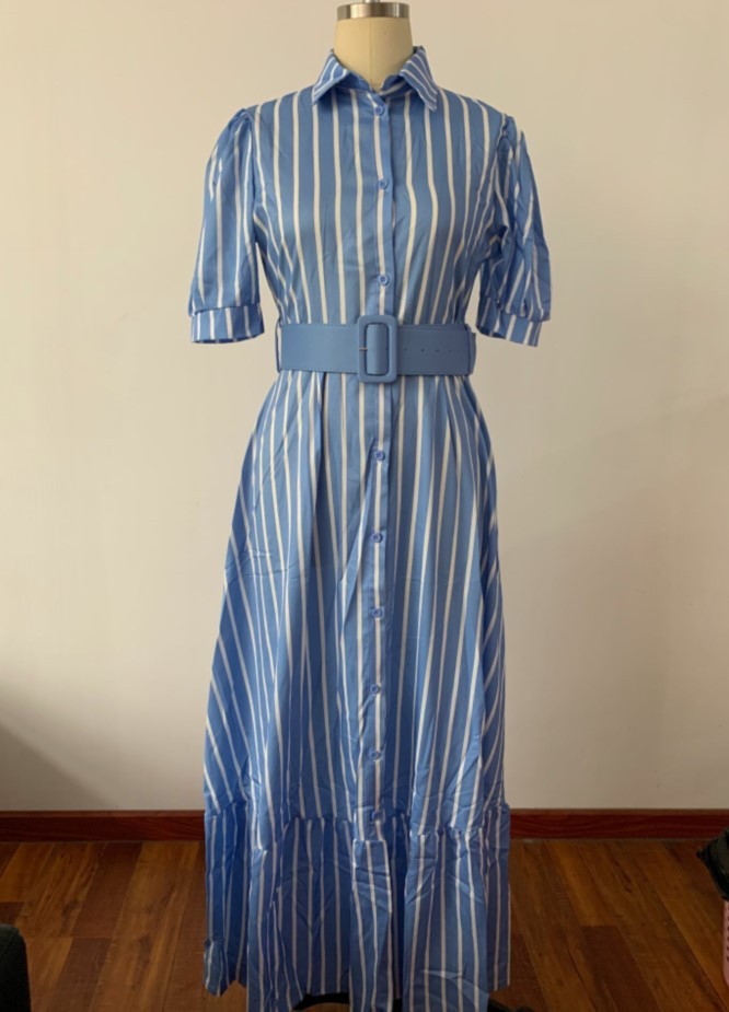 339g Weight Wholesale Women's Elegant Stripe Solid Color Daily Turndown Short Sleeve Swing Dress