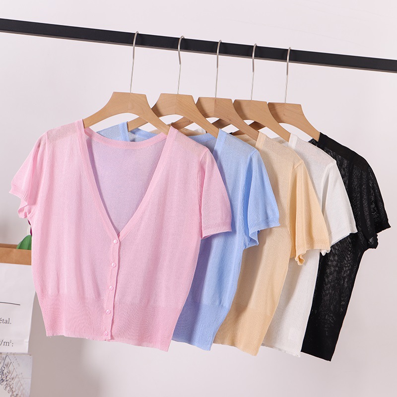 Summer New Solid Color Knitted Short-sleeved Cardigan Loose Thin Ice Silk Sunscreen Short Waistcoat for Women