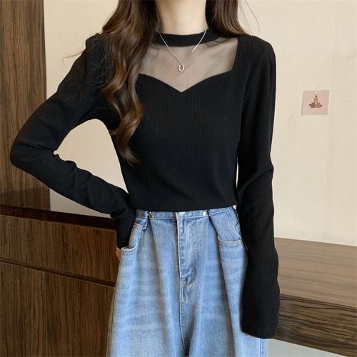 Thin mesh knit pure color women's clothing hidden belly button trick women's long sleeve t-shirt niche plus size base shirt