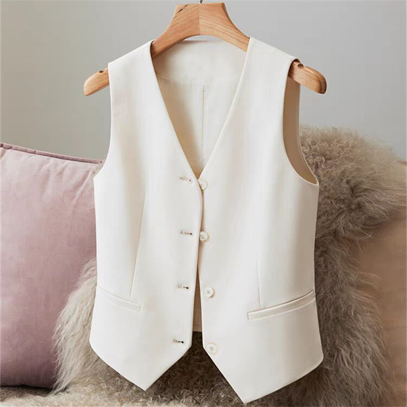 2026 Spring and Autumn New Polyester Women's Suit Vest Short Commuting Style Collarless Cardigan Single-Breasted Multi-Pocket