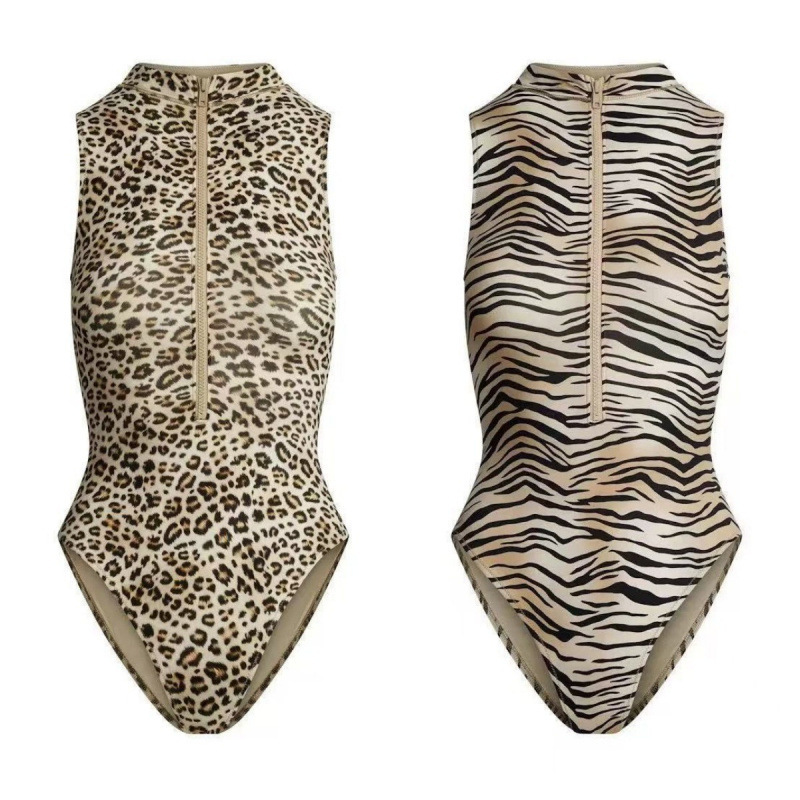 Skims Kardashian Siganture Swim Bikini Top Sexy Zip-Up Top Leopard Print Jumpsuit