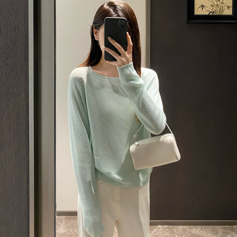 Zhengqite Clothing/Imported Spring Washi Yarn Rolled Edge Knitted Sun Protection Air Conditioning Cover-Up Long Sleeve Top T-Shirt