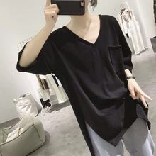 95棉开叉t恤女式夏季宽松显瘦韩版卷边前短后长短袖v领棉上衣学生
