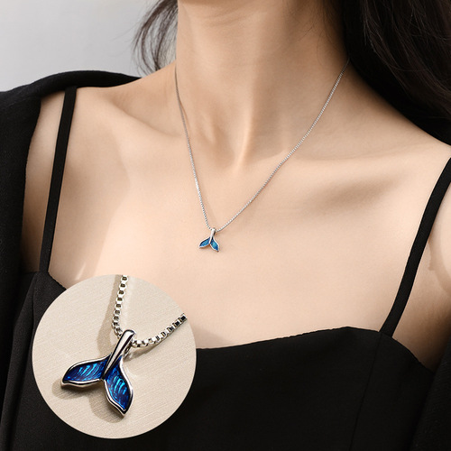 Japanese and Korean Simple Dream Blue Mermaid Tail Titanium Steel Necklace Girl's Forest Style Fashion Creative Internet Celebrity Clavicle Chain Wholesale 
