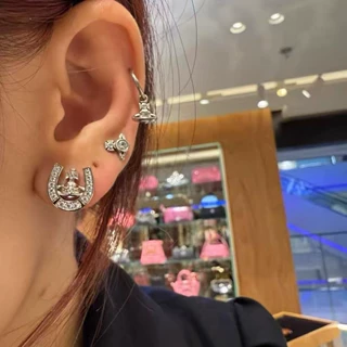 西太后新年马蹄土星耳钉精工U形款满钻吊坠时尚高级感百搭耳饰