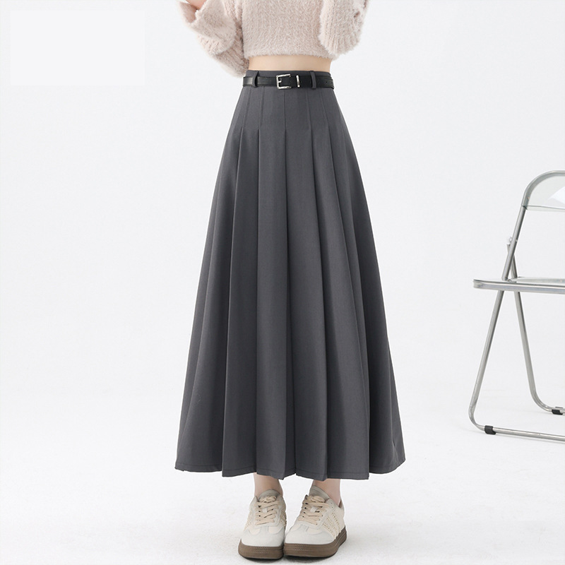 Gray Pleated Suit Skirt for Women, Autumn and Winter High-Waisted Casual A-Line Woolen Midi Skirt with a Large Hem, Suitable for Spring and Autumn