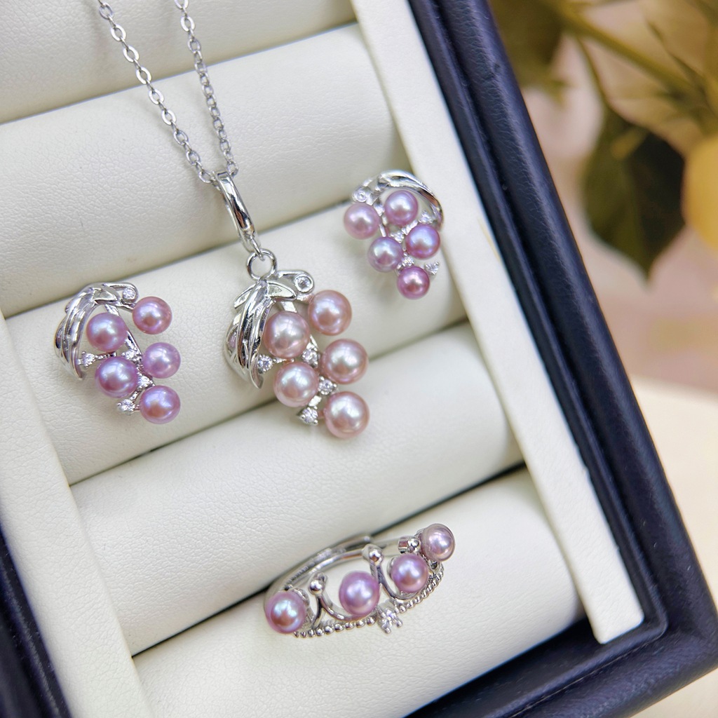 Zhuji Duozhu Grape Style Pearl Earrings and Pendant Set, Niche Design Natural Freshwater Pearl Jewelry Set for Women