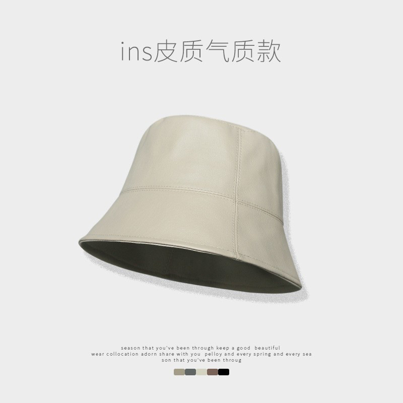 Nicho diseñador pescador sombrero mujer PU cuero casual negro cubo sombrero Otoño e Invierno sombrero de cuero cara pequeña cuenca sombrero Masculino