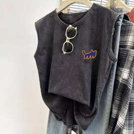 儿童美式纯棉水洗无袖t恤夏季男女童宽松做旧背心坎肩外穿上衣潮