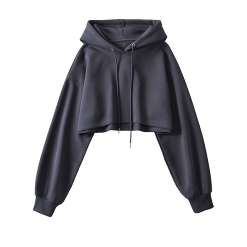 2025 autumn new white American short hooded sweater for women with a loose design, bare navel long-sleeved top for women.
