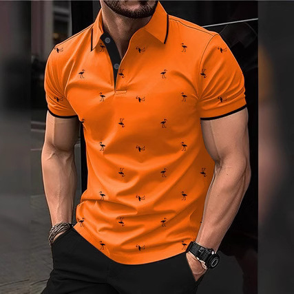 Cross-border New European and American Men's Lel Polo Flamingo Short-sleeved Shirt Fashion Personalized Printed Street Short-sleeved Top