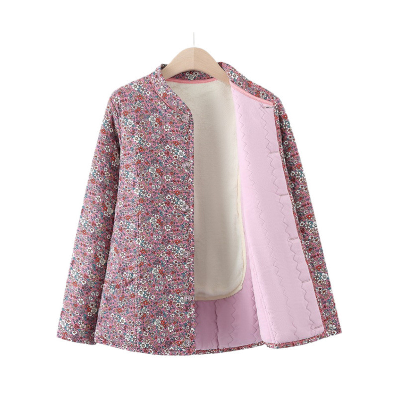 Mom's Autumn and Winter Fleece-Lined Thick Floral Cotton Jacket for Middle-Aged and Elderly Women, Camel Wool Cotton Coat, Grandma's Warm Top, Cotton Clothing