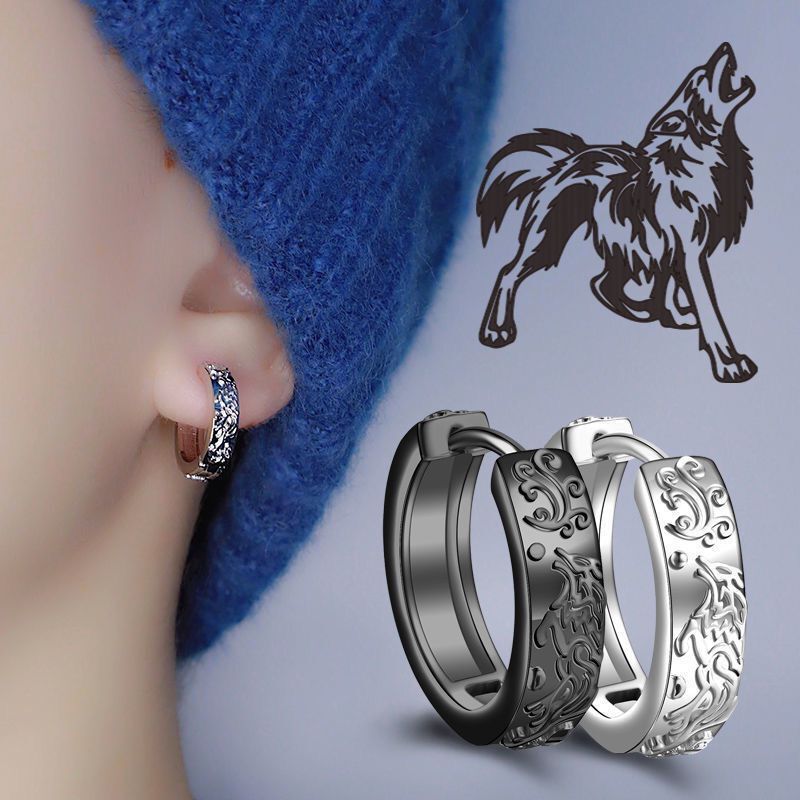 Little Wolf Earrings Men's Trendy Single Earrings Personalized Simple Hip-Hop Style Accessories Retro Simple Pattern Earrings