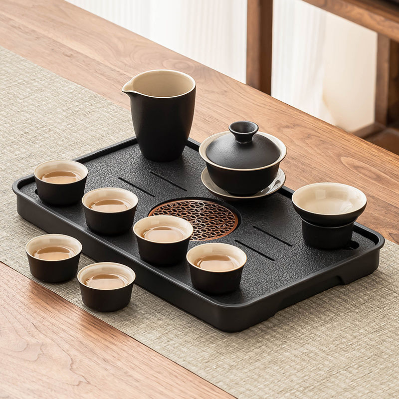 흑자 그릇 10종 세트 + 원형 창 멜라민 차 트레이