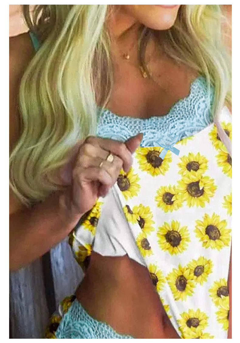 Pijamas de dos piezas con adornos de encaje con estampado de girasol para mujer, ropa de nihaostyles al por mayor NSMDS76967