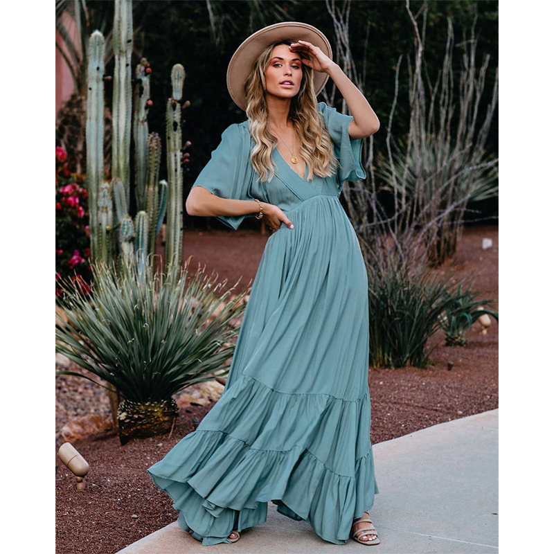 V-neck short-sleeved solid color long dress NSMAN51397