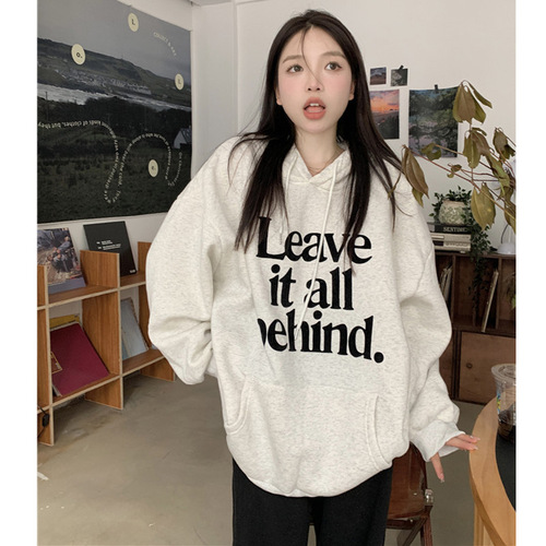 68220#250g Korean Ins Fleece Letter Hooded Sweatshirt Loose Hooded Sweatshirt Long Sleeve Overhead Top Outerwear