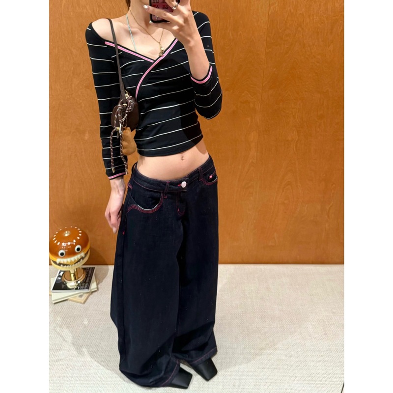 美式复古辣妹风交叉v领T恤女早秋薄款收腰撞色大领口短款中袖上衣|undefined