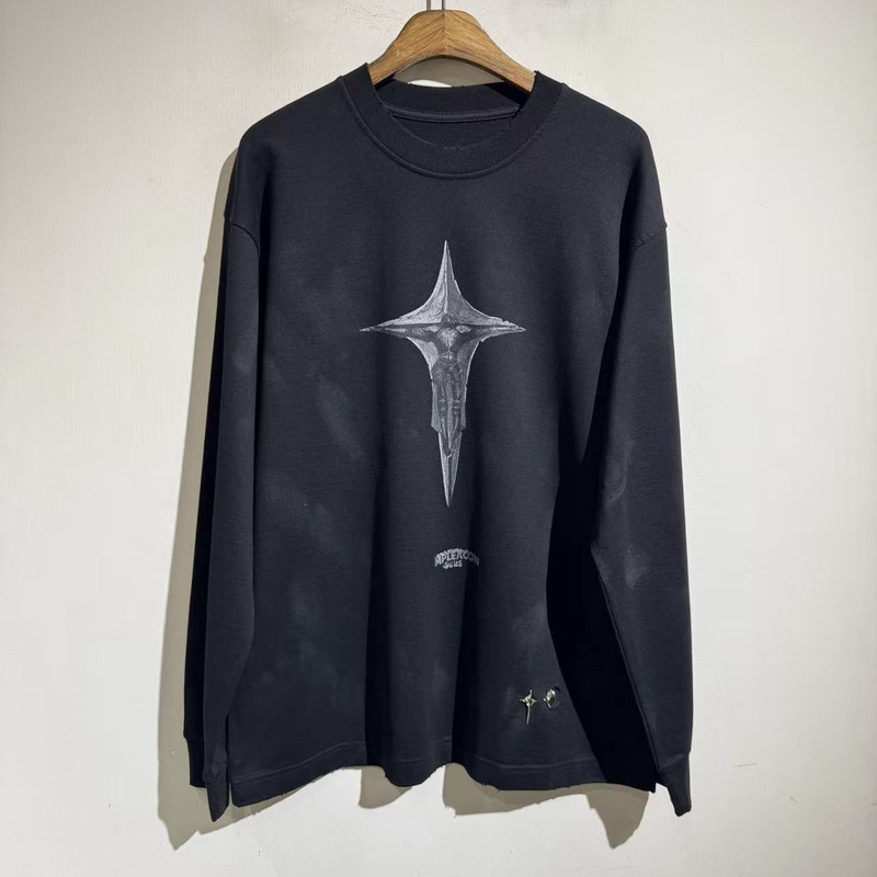 American Street Style 25Aw Dark Cross Print Metal Buckle Round Neck Long-Sleeved T-Shirt Loose Trendy Fashion Bottoming Shirt
