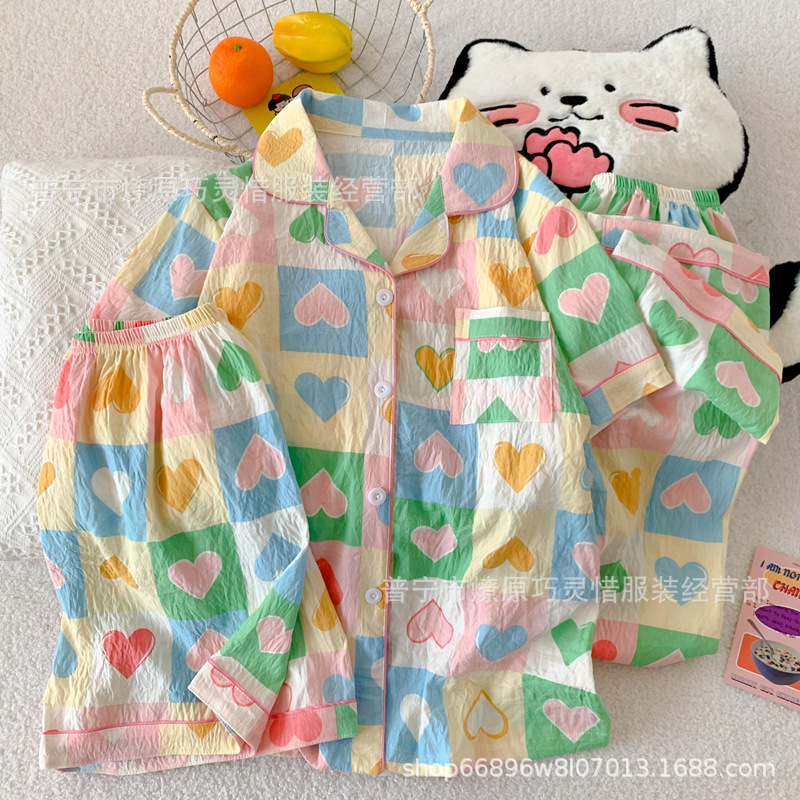 Pajamas de tres piezas de torta de oso para mujeres de verano, pantalones de manga corta, nubes de algodón adorable, viento en 2025 nueva ropa para el hogar