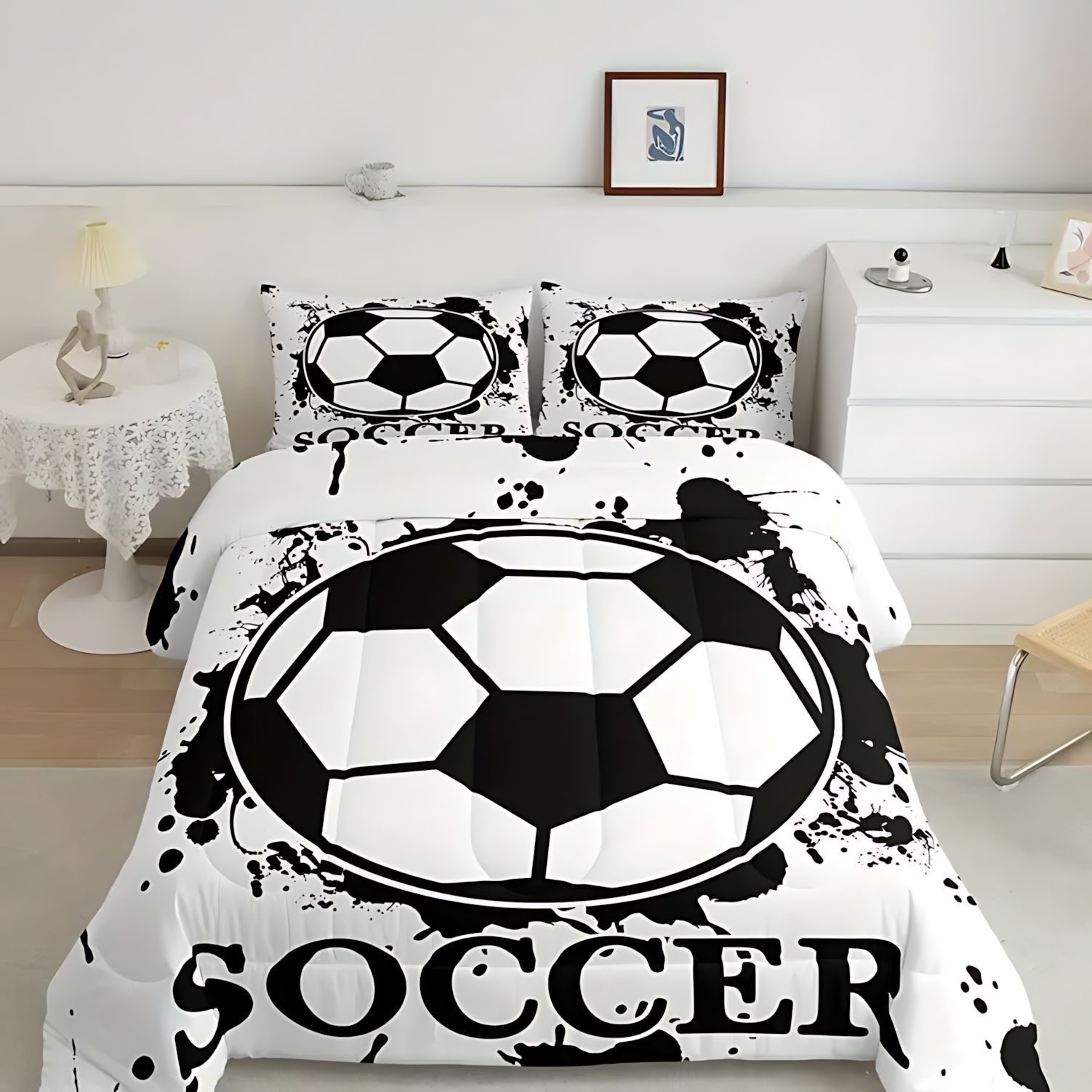 TEMU / JIT moda clásica patrón de fútbol impresión digital 180gms edredón funda de almohada set fuente fabricante