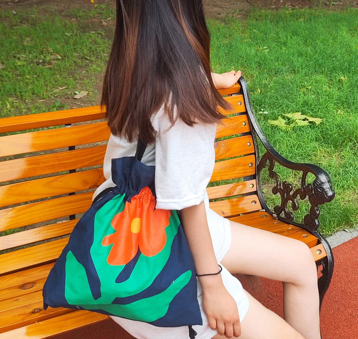 Advanced navy blue canvas creative rose bag, women's drawstring single shoulder tote bag_voghion.com