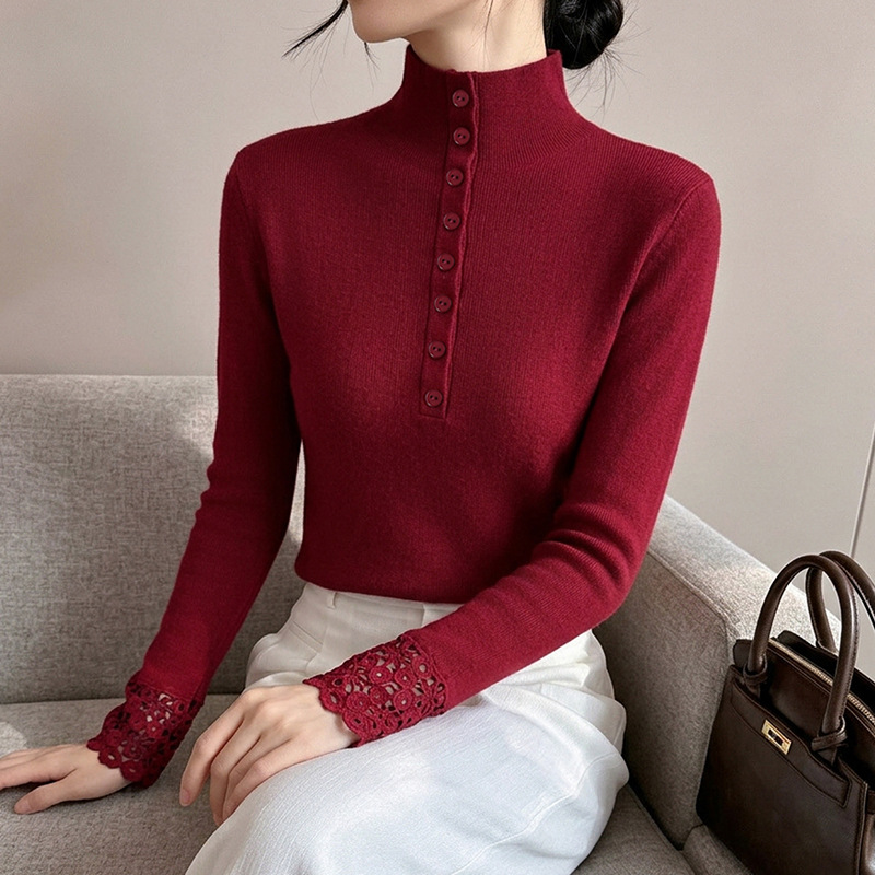 New hollowed-out sleeve turtleneck sweater with handcrafted details and fashionable lace trim. Fitted design.