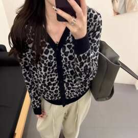 法式感复古豹纹风V领开衫女秋季新款慵懒风毛衣外套减龄上衣
