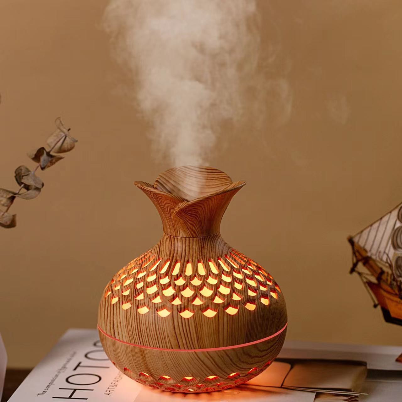Humidificador y difusor de aroma tipo florero de madera, pulverizador para dormitorio y oficina, decoración de escritorio, máquina de incienso aromaterapia