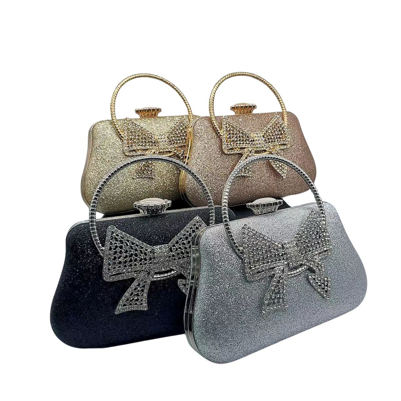 Túi clutch nữ dự tiệc da đơn giản tay cầm nơ — Màu đen, Màu bạc, Màu vàng nhạt, Màu Sâm panh chi tiết 1