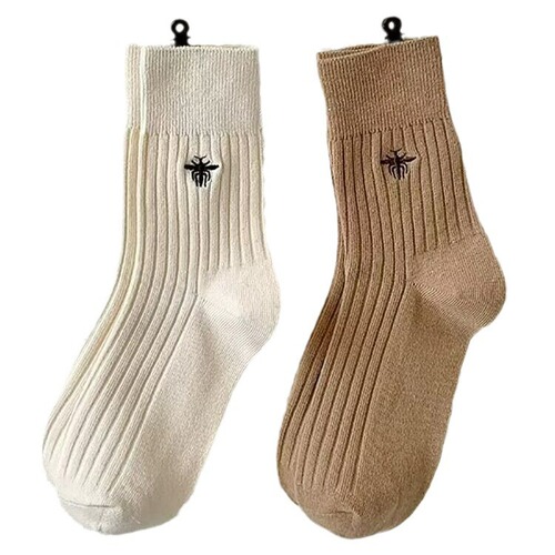 Spring and Autumn Grey Striped Pile Women's Fashion Socks with Bee Embroidery Off-White Short Socks Coffee Brown Mid-Calf Socks