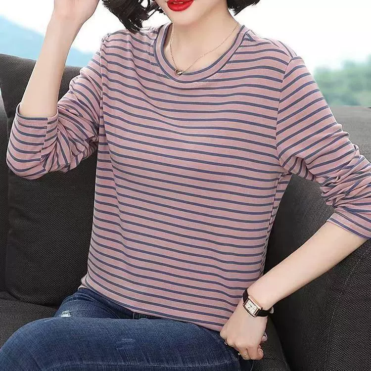 条纹t恤女宽松大码长袖上衣韩版百搭显瘦体恤春秋季胖mm打底衫潮