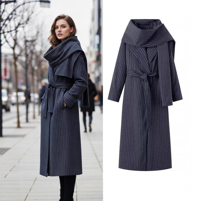 Za Export Cross-Border Spot Wholesale European and American Style Women's Clothing Autumn and Winter Popular Fashion Mid-Length Windbreaker with Scarf