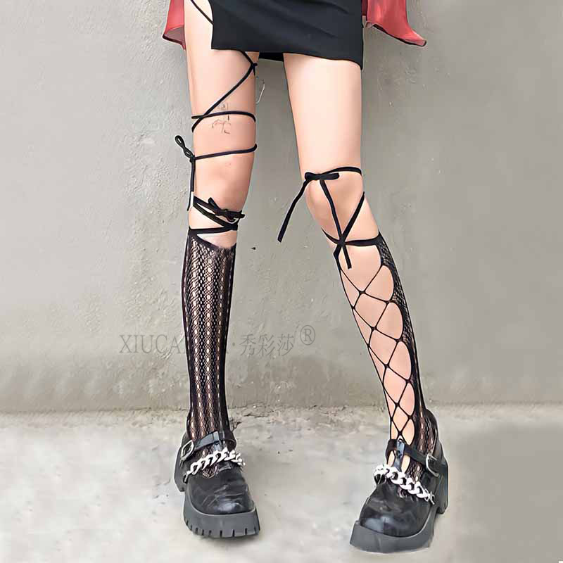 Black Fishnet Cut-Out Stockings with JK Straps, Sheer Lace Sexy Hosiery — detail image 25
